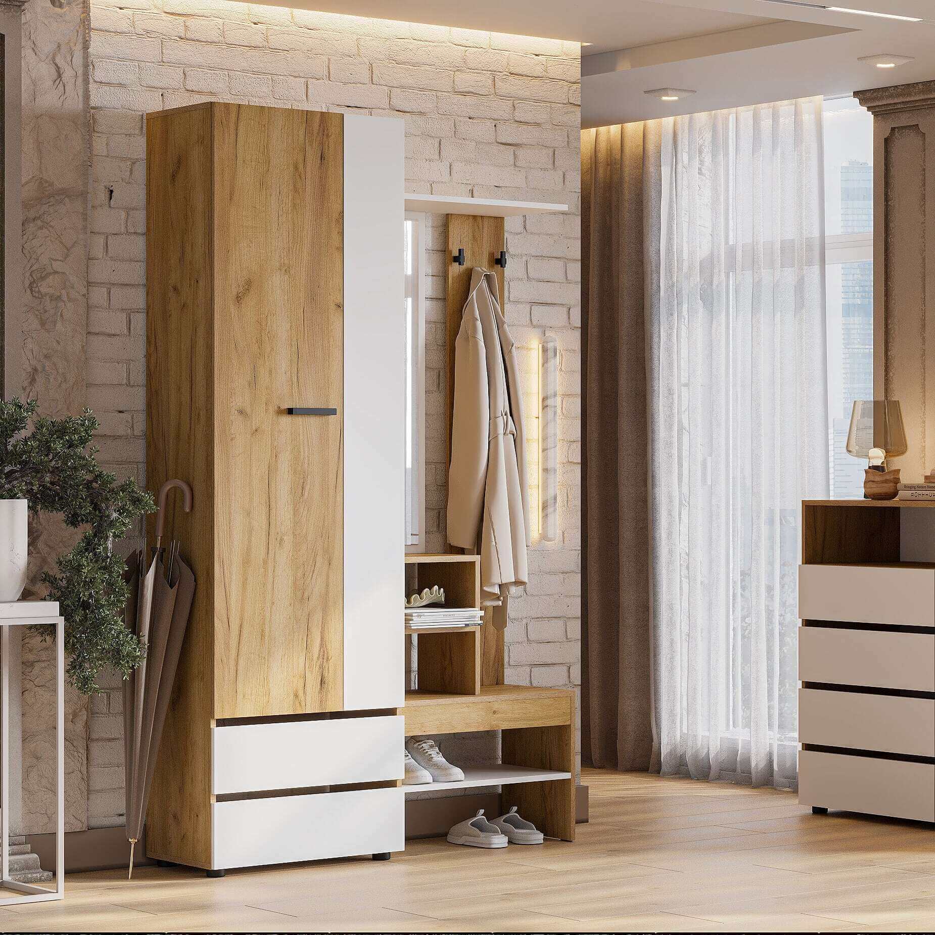 МС "Абрау" Вешалка с зеркалом Дуб Золотой/Белый