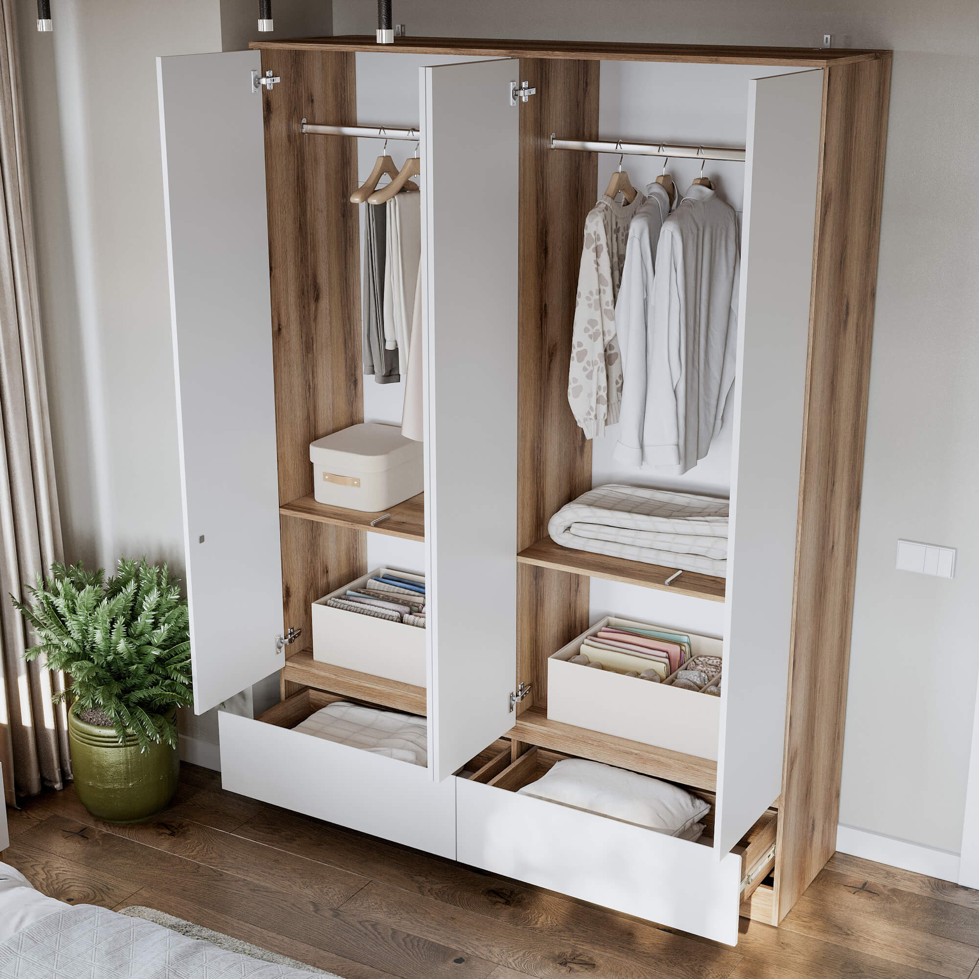 МС "Брауни" Шкаф четырехстворчатый (с ящиками) Дуб Делано/Белый