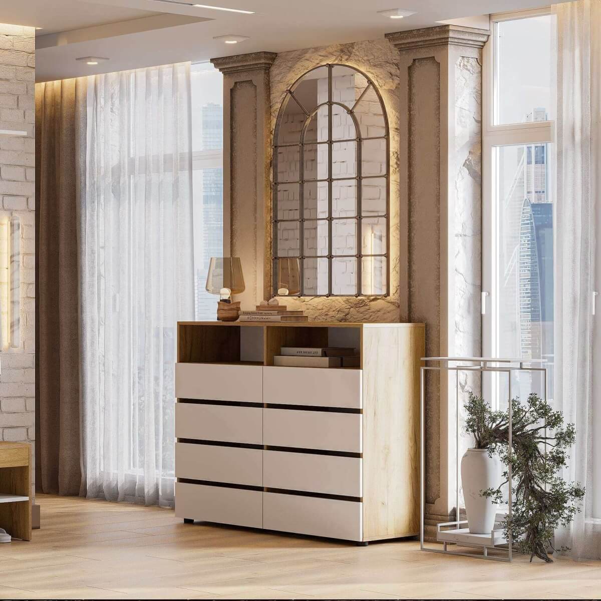 МС "Абрау" Комод с ящиками Дуб Золотой/Белый